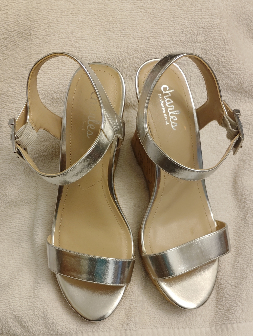 Charles By Charles David Silver Metallic Wedge Sandals